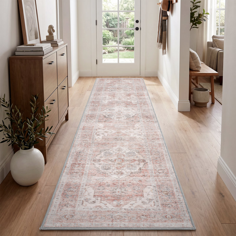 Pink Machine Washable Oriental Hallway Runner Rug, Pink/Ivory/Gray, Runner 2' x 10'