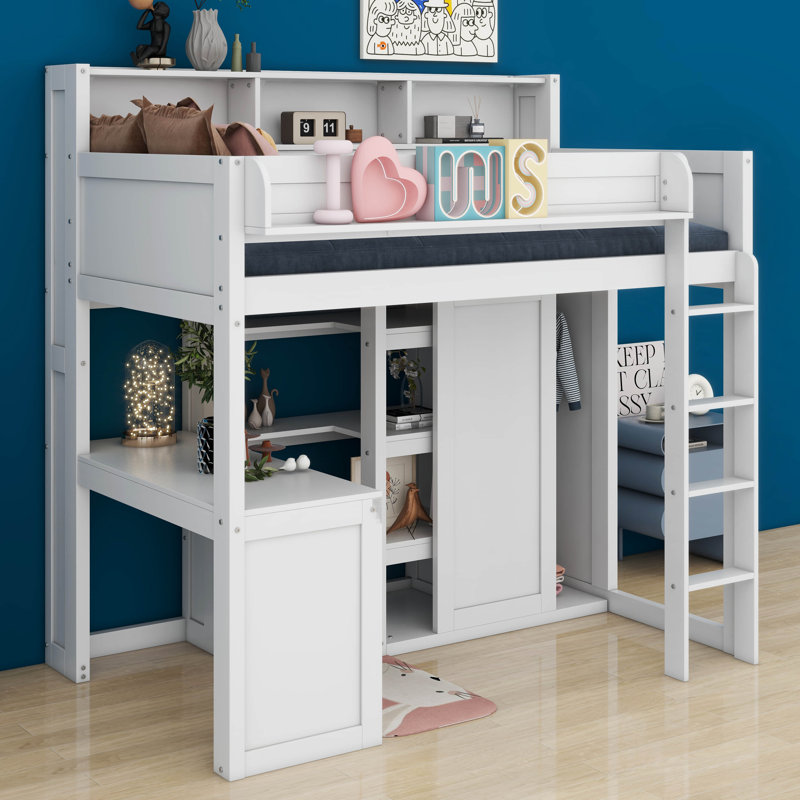 Heribert Wood Twin Size Loft bed with Multiple Storage Shelves and Wardrobe, White
