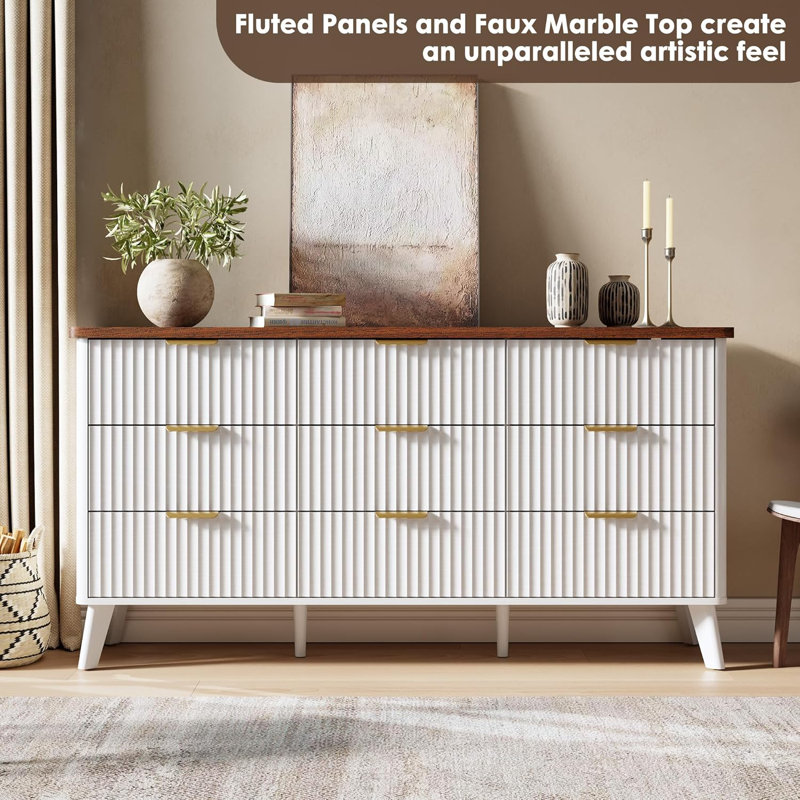Fluted Dresser for Bedroom with 9 Deep Drawers, 60.6 in Wide Modern Chest of Drawers, White