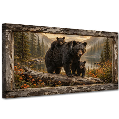  Bear Family Rustic Wildlife Wall Art, Country Brown Bear Woodland Forest Pictures, Rustic Cabin Decor Framed Canvas Painting for Nursery Living Room Bedroom, 28x58 inches
