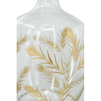 D9.1x16.1" Curved Glass Accent Vase with Elongated Neck and Gold Floral Motifs