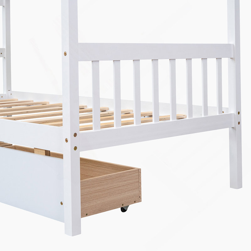 Lit en bois avec tiroirs, Blanc