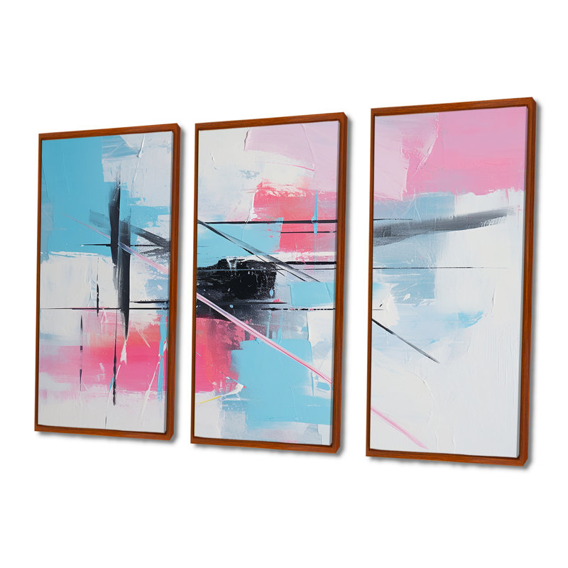 Subtil pastel rose Strokes - ensemble d'art abstrait mural, H 28 po x l 36 po x P 1 po, Cadre flottant brun