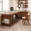 Bureau en bois de noyer massif en forme de L avec 5 tiroirs