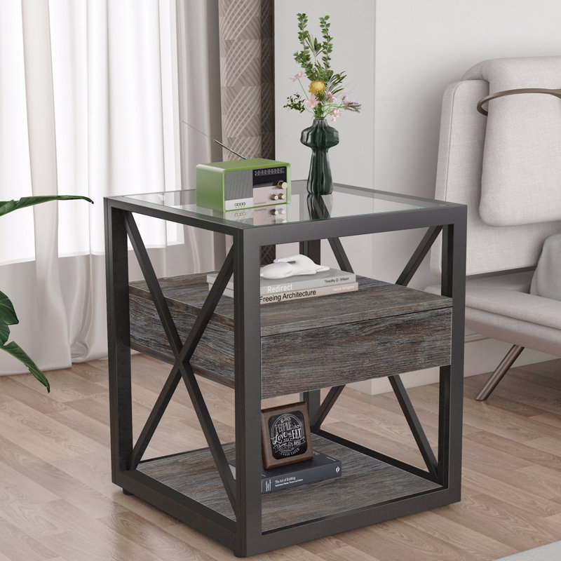 Ensemble de 2 tables de bout et table d'appoint, table de bout moderne avec tiroir - table de chevet (table de chevet), plateau en verre trempé et panneau de fibres à densité moyenne en bois rustique, table d'appoint de style industriel