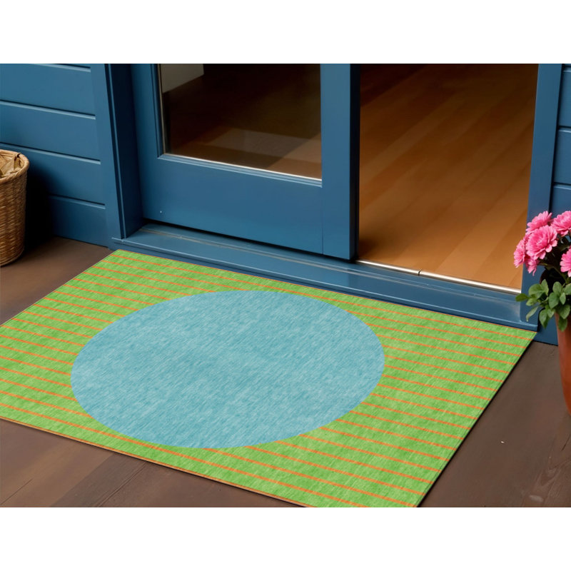 3' X 5' Lime Green And Blue Striped Washable Indoor Outdoor Area Rug