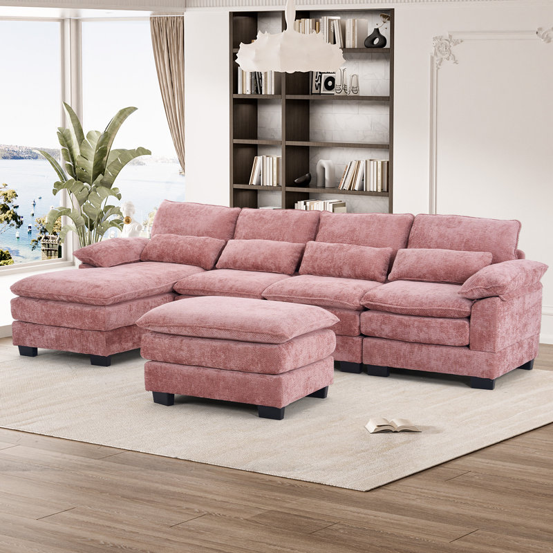  114.7 Inch U Shaped Chenille Sectional Sofa with Chaise Lounge Wide Arms High Back Living Room, Pink Chenille