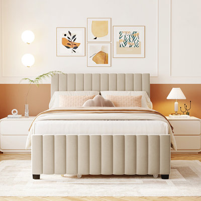 Full Size Velvet Upholstered Platform Bed With Trundle