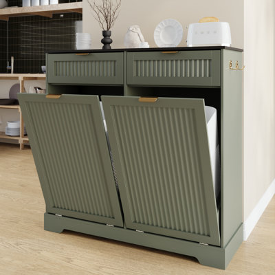 Double Tilt Out Trash Can Cabinet – 2 x 10 Gal, Fluted Trash Garbage Can Cabinet with 2 Drawers & Hooks, Freestanding Pet Proof Garbage Holder for Kitchen Laundry Living Room(Not include trash can)