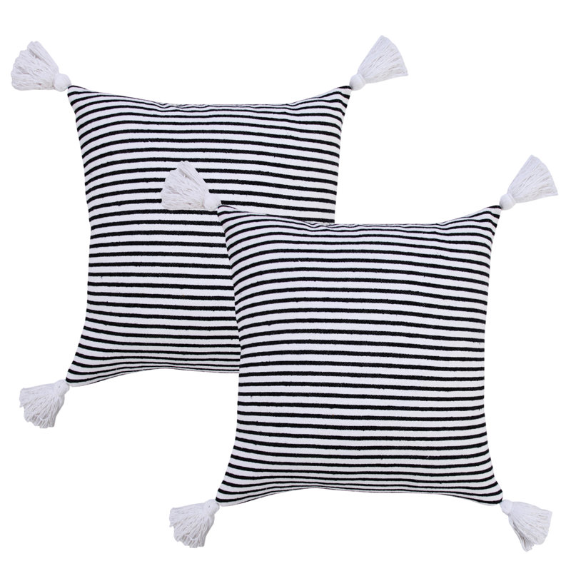 Ensemble de housse de coussin décoratif en coton rayé noir, Noir
