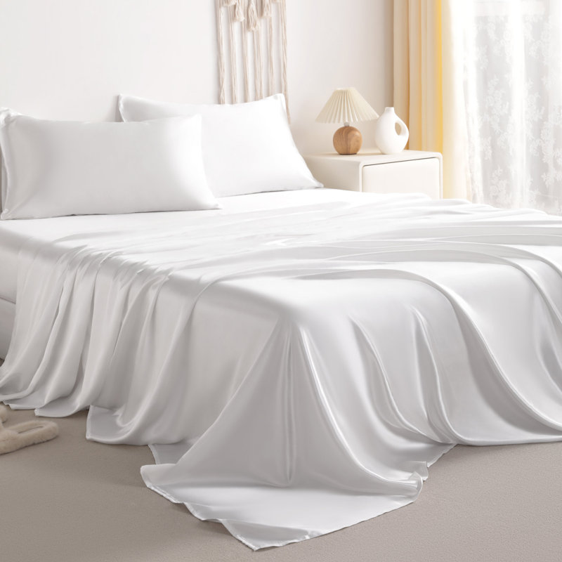 Ensemble de draps soyeux et soyeux, doux pour les cheveux et la peau, infroissable, infroissable, Blanc