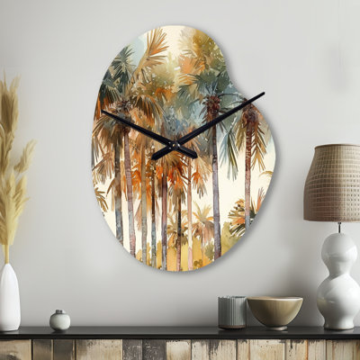 Green Palm Tree Paradise III - Green Asymmetrical Metal Clocks, Traditional Irregular Shape Metal Wall Clock Print