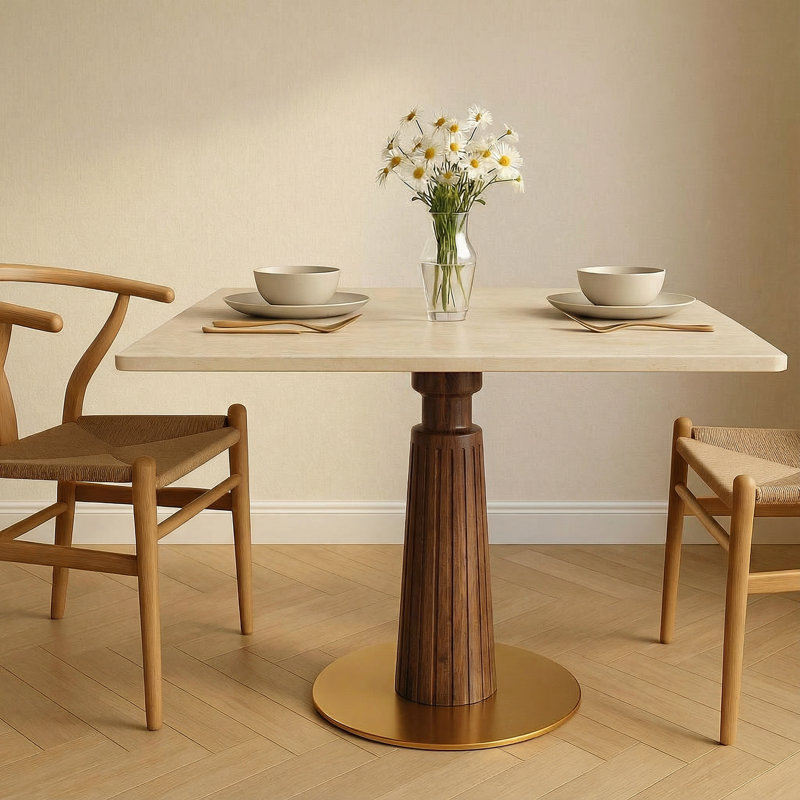 33.5'' Sintered Stone Solid Wood Square Dining Table, Beige