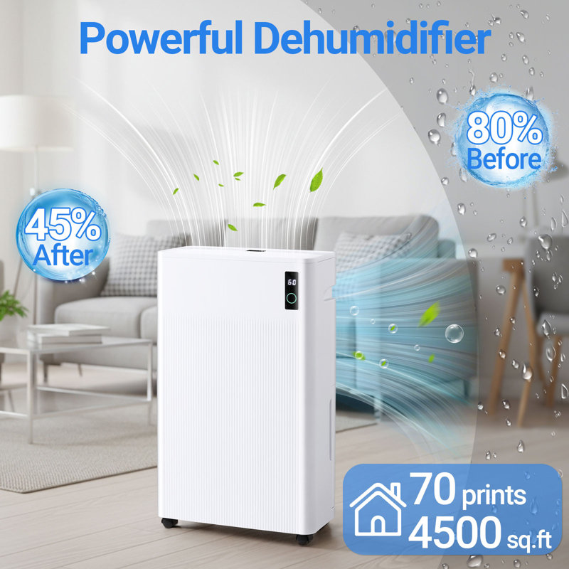 Erivess 70 Pint Dehumidifier, Dual LED Display, 4500 Sq. Ft Portable Dehumidifier for Basement, Smart Humidity Control with Drain Hose, 24H Timer, Energy Efficient & Quiet for Home Bedroom Large Room, White