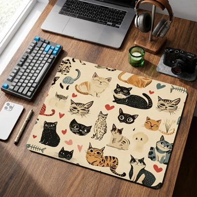  Rubber Mouse Pad, Smooth Microfiber Surface, Non-Slip Base, Rounded Edge Decorative Mouse Mat for Office & Gaming,12×8 Inch ,Beige Cats Pattern