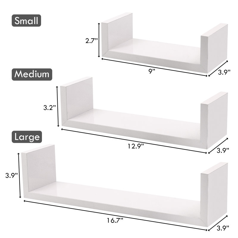 Keokee 3 Pieces U Shaped Floating Float Shelves Glossy Matte Finish Easy Mounted Wall Shelves, White