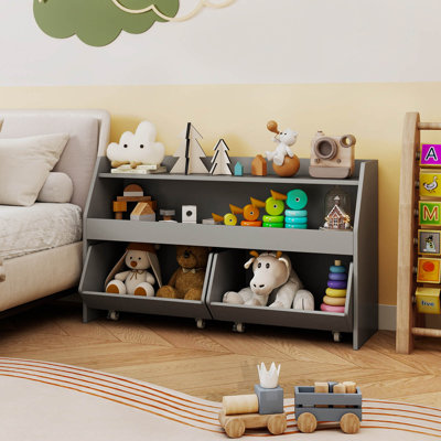Kids Toy Storage Organizer with 2 Movable Drawers Open Shelf Compartment for Kids Gray by Ebern Designs