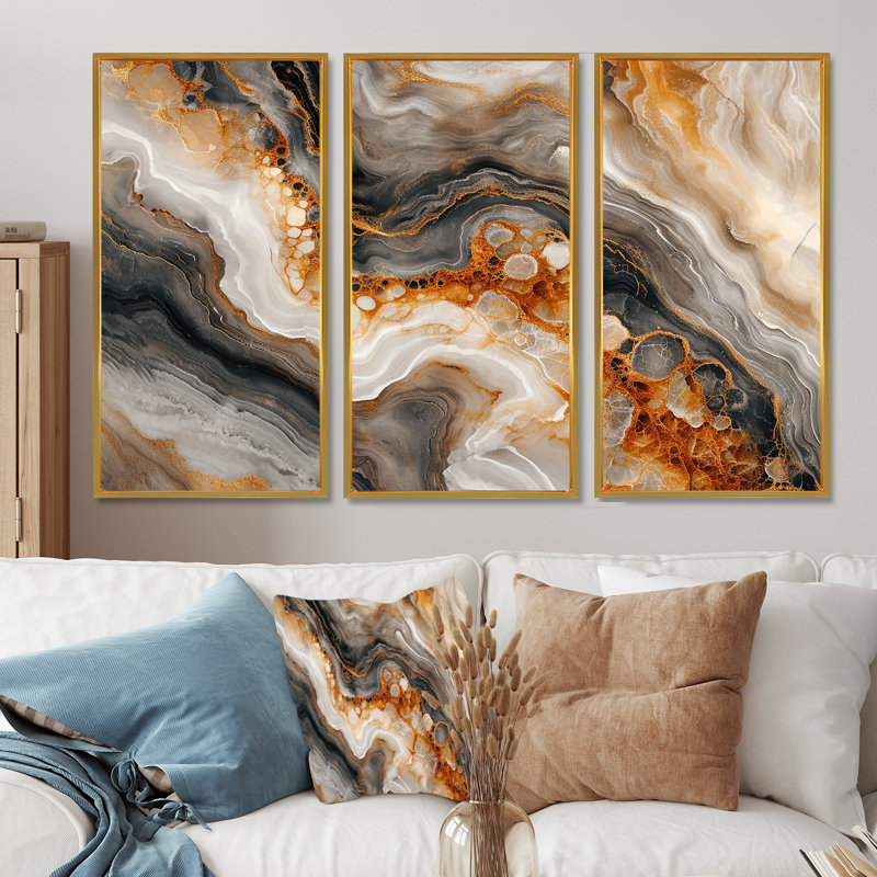 Ensemble de salon mural en marbre gris agate Slab Structures, Cadre flottant doré, H 40 po x l 60 po x P 1 po