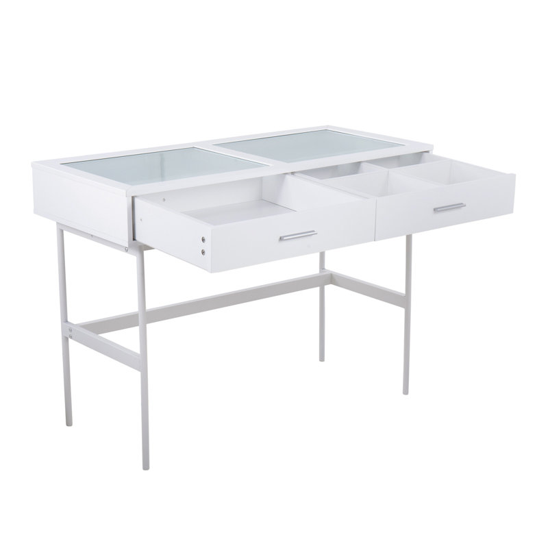 Console contemporaine en bois blanc, acier blanc et plateau en verre