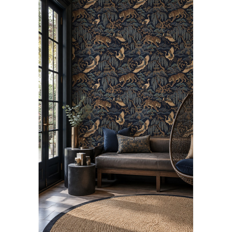 Papier peint Tigre et Grue, motif paysage chinoiserie sombre, Peel and Stick