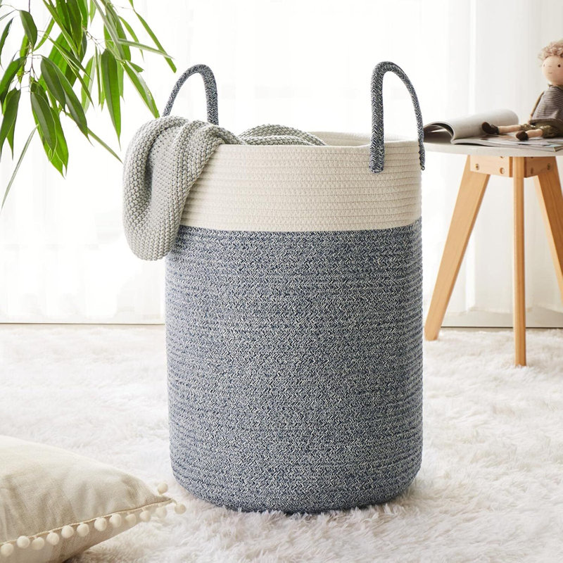 Panier à linge tissé avec poignées, Gris / blanc, H 20 po x l 15 po x P 15 po