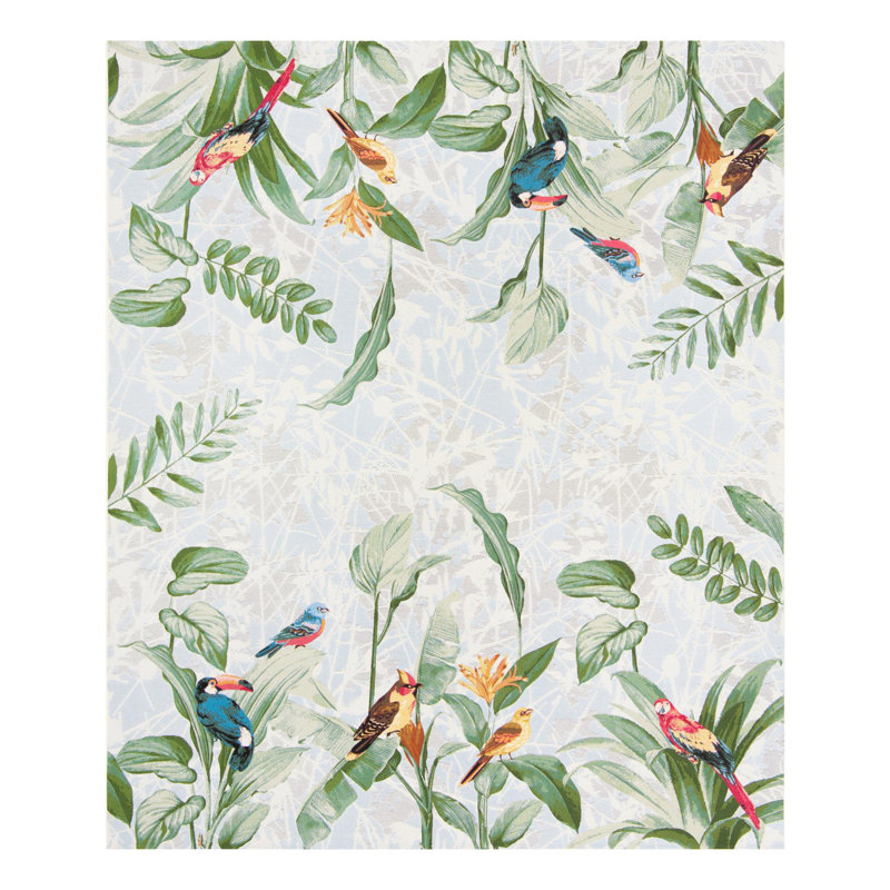 Blue Floral Tropical Birds Stain-Resistant Synthetic Rug, 10' x 12'