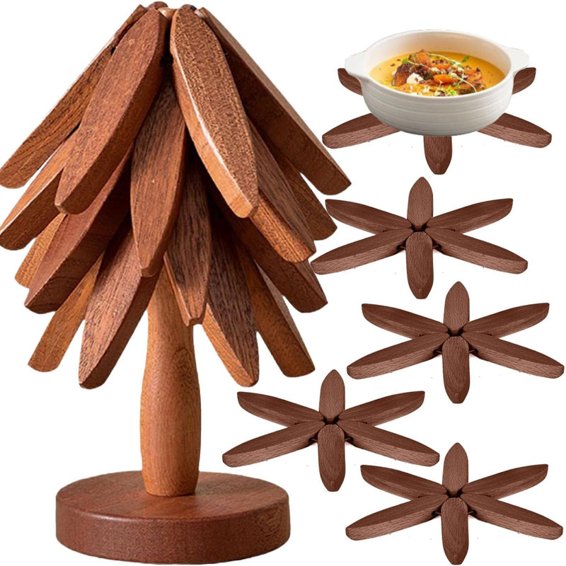 Ensemble de sous-pieds en bois massif en forme d'arbre avec support de rangement Sous-verres en bois résistant à la chaleur