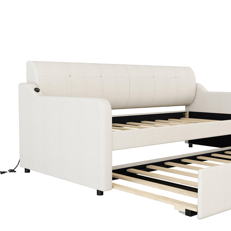 Lit de jour simple avec lit gigogne et douille - Serene beige rembourré détachable