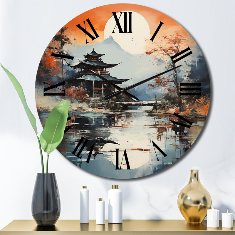 Horloge murale orange et orange avec paysage asiatique I, Petit