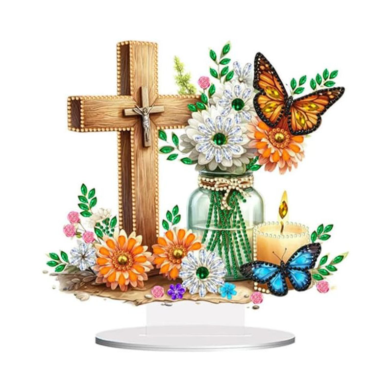 Renegar  5D DIY Floral Cross with Butterflues Diamond Painting Kit Rhinestone Acrylic Table Top Ornament Decoration