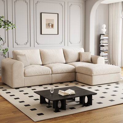 108" Boneless Couch for Living Room, Compression Cloud Couch with L-Shape Ottoman, Deep Seat Corduroy Modular Sectional Sofa, No Assembly Required (Beige, 3 Seater + Ottoman)