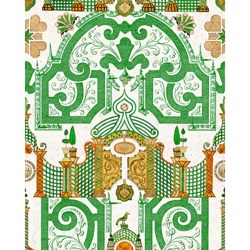 Chinese Garden Abstract Wallpaper Roll, Green/Orange/White