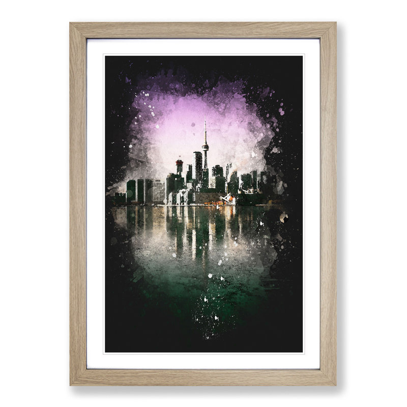 Skyline of Toronto in Canada - Picture Frame Graphic Art Print, 33cm H x 24cm W x 2cm D, Oak Framed