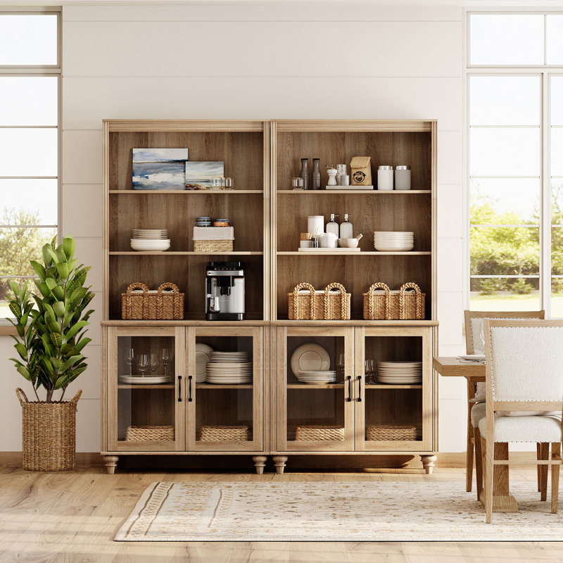 Sideboard Cabinet With Bar Hutch, Buffet Cabinet With Glass Doors And 5 Tier Shelve, Oak, 68''