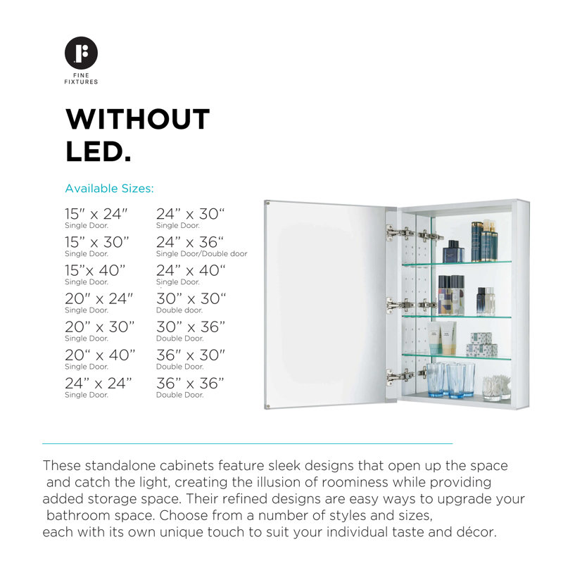  FINE FIXTURES Recessed or Surface-Mount Aluminum Medicine Cabinet with Dual-Sided Mirror and Easy-Grip Handle