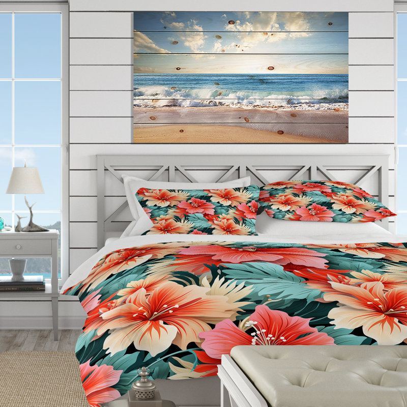 Coral Mirage Vi Tropical Pattern Floral Duvet Cover, King Duvet Cover + 2 King Shams