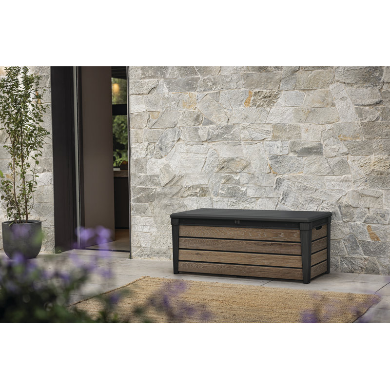 Keter Signature Collection Everwood 120 Gallon Durable Resin Outdoor Storage And Organization Deck Box Ideal For Garden Patio Furniture And Supplies, Walnut