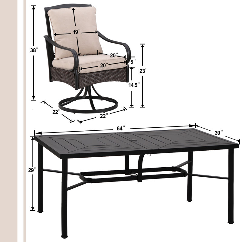 Ensemble repas d'extérieur rectangulaire pour 6 personnes avec 6 chaises pivotantes et coussins Alyah