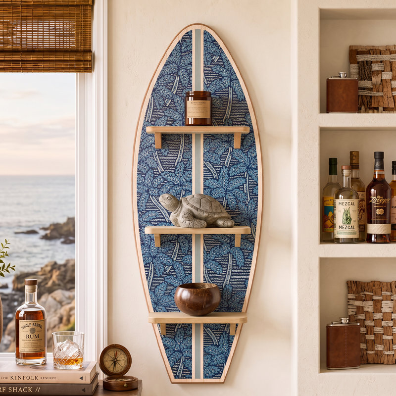 13" x 35" Kona Coast by Reyn Spooner  Electric Palms Surfboard Wall Shelf, Licensed Hawaiian Coastal Beach Wall Decor with Navy Palm Print, Wooden 3-Tier Display Shelf for Living Room, Bedroom & Office