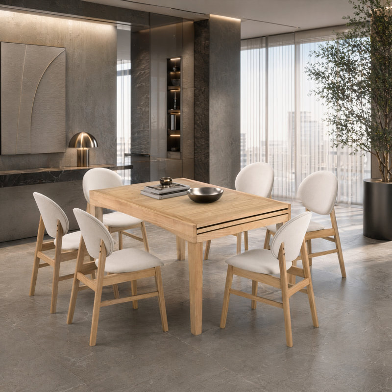 Extendable Dining Set with Upholstered Chairs, 7 Pieces: Table, 6 Chairs, Tan / Beige