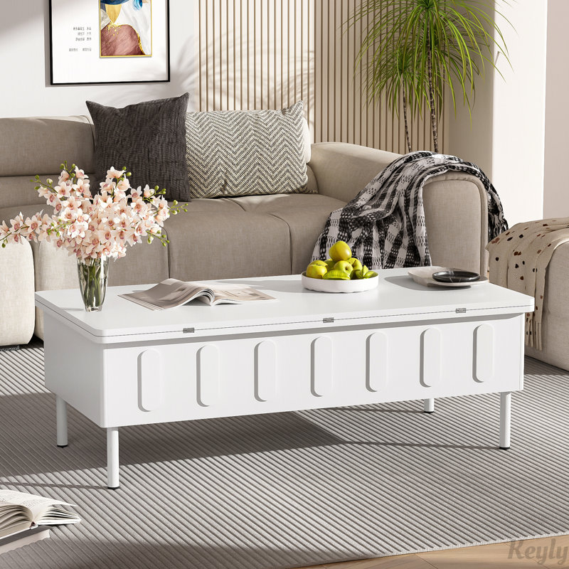 Table basse à plateau relevable avec plateau pliable et compartiment de rangement dissimulé, Blanc