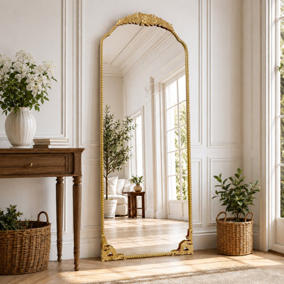 Miroir mural rétro arqué or rétro - miroir décoratif de style antique français orné, grand miroir de meuble-lavabo arqué pour entrée, cheminée, salon ou chambre à coucher, fixé au mur ou incliné
