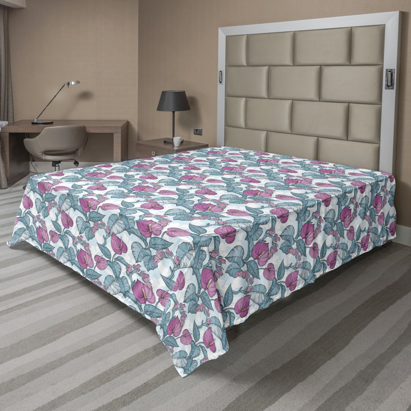 Drap plat moderne de style bohème Ambesonne, Pink/Pale Blue Grey Floral, Drap plat pour très grand lit californien