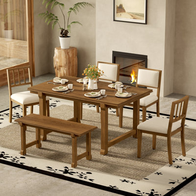 6 - Piece Dining Table Set, Solid Wood Frame, Upholstered Dining Chairs, Space-Saving Bench, Modern Farmhouse, Dining Room