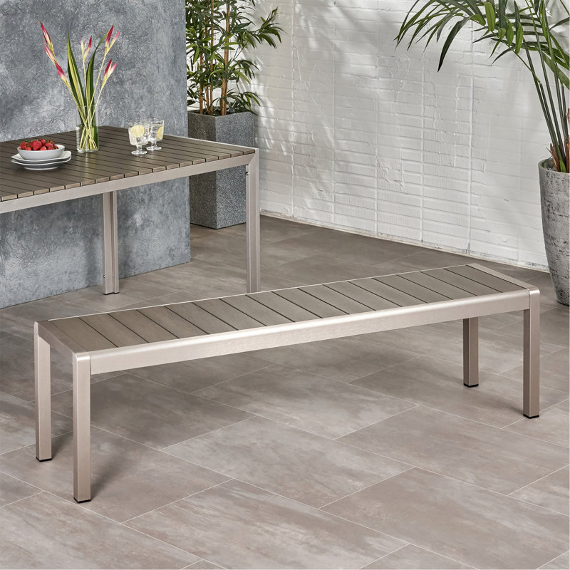 Banc de salle à manger d'extérieur moderne en aluminium avec siège en faux bois, gris et argent