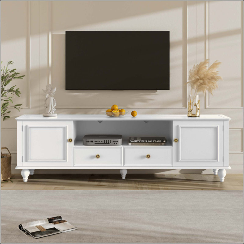 Meuble télé moderne, centre de divertissement avec compartiment ouvert et rangement spacieux, idéal pour les salons, Blanc