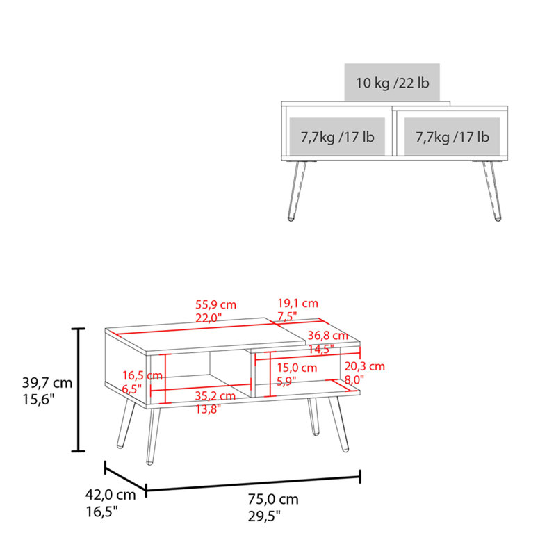 White And Natural Oak Coffee Table With Open Storage And Conical Legs, 15.6" H x 29.5" L x 16.5" W