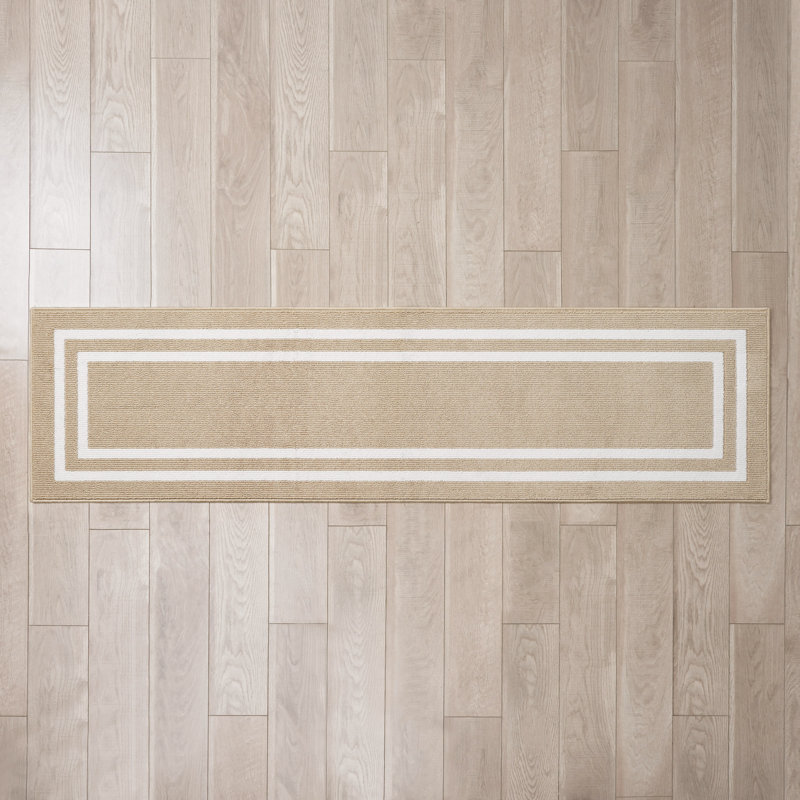 Double Border Machine Tufted Performance Beige/White Rug, Runner 2'2" x 8'