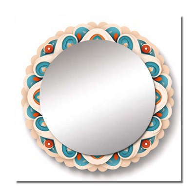 Sacred Mandala In Retro Blue And Orange - Boho Mandala Square Mirror Wall Art For Bathroom