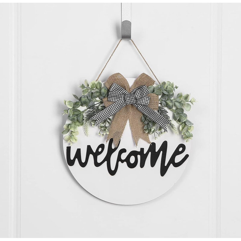 Seasonal Interchangeable Welcome Decor 11.8 in. x 11.8 in. Round White by Rustic Wooden Wall Ar